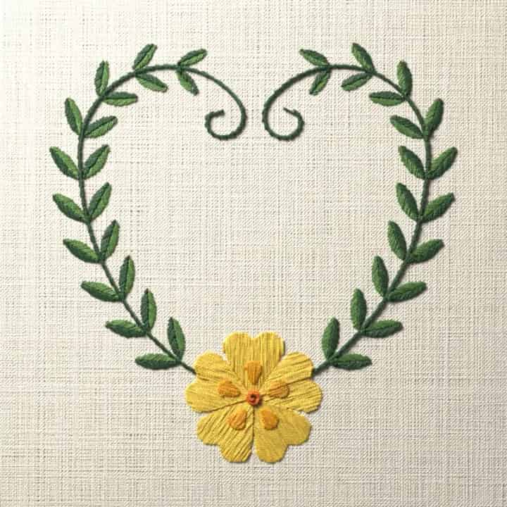 Primrose vine heart: preview of the stitched design