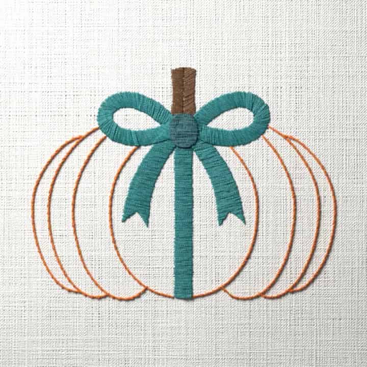 Pumpkin tied with a ribbon bow: preview of the stitched design
