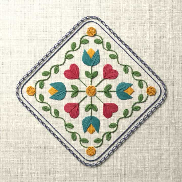 Tulip and heart square sampler: preview of the stitched design