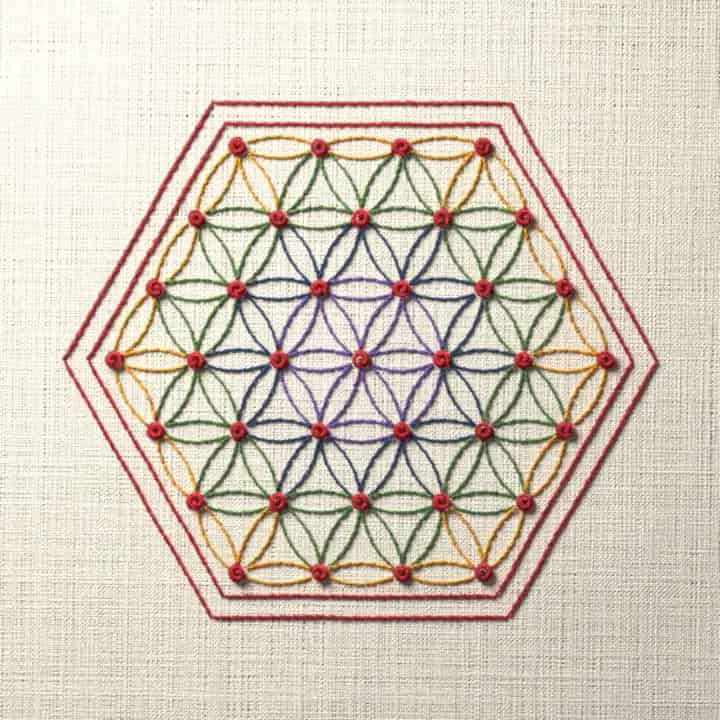 Rainbow flower of life: preview of the stitched design