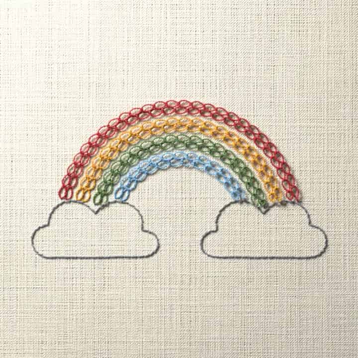 Rainbow on two clouds: preview of the stitched design