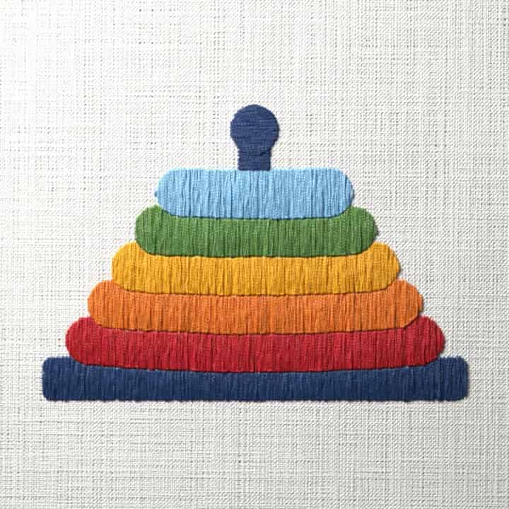 Rainbow stacking rings: preview of the stitched design