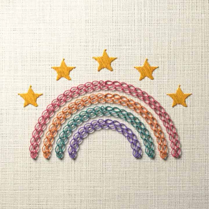 Rainbow with stars: preview of the stitched design