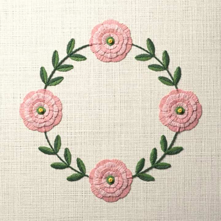 Ranunculus ring wreath: preview of the stitched design
