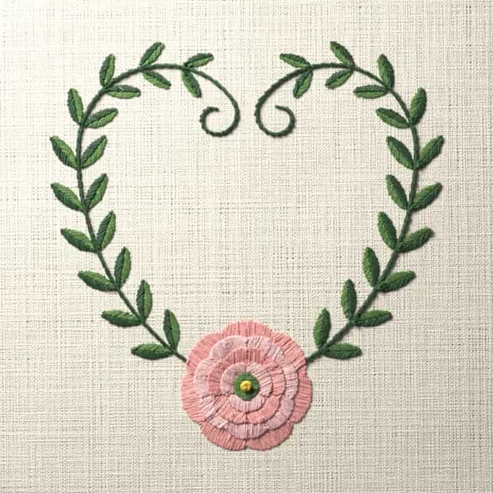 Ranunculus vine heart: preview of the stitched design