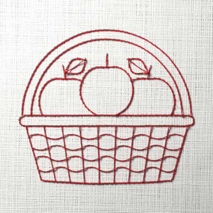 Redwork basket of apples: preview of the stitched design