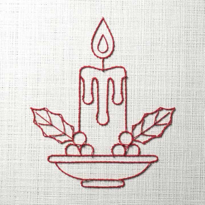 Redwork candle with holly: preview of the stitched design