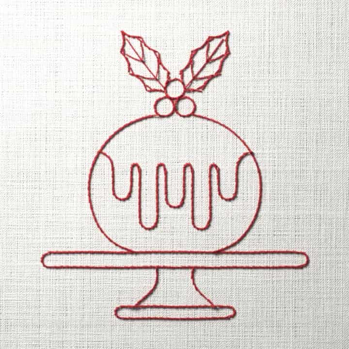 Redwork Christmas pudding with holly: preview of the stitched design