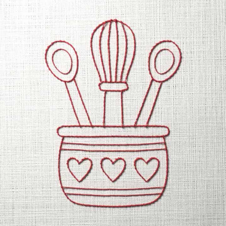 Redwork crock of kitchen tools: preview of the stitched design