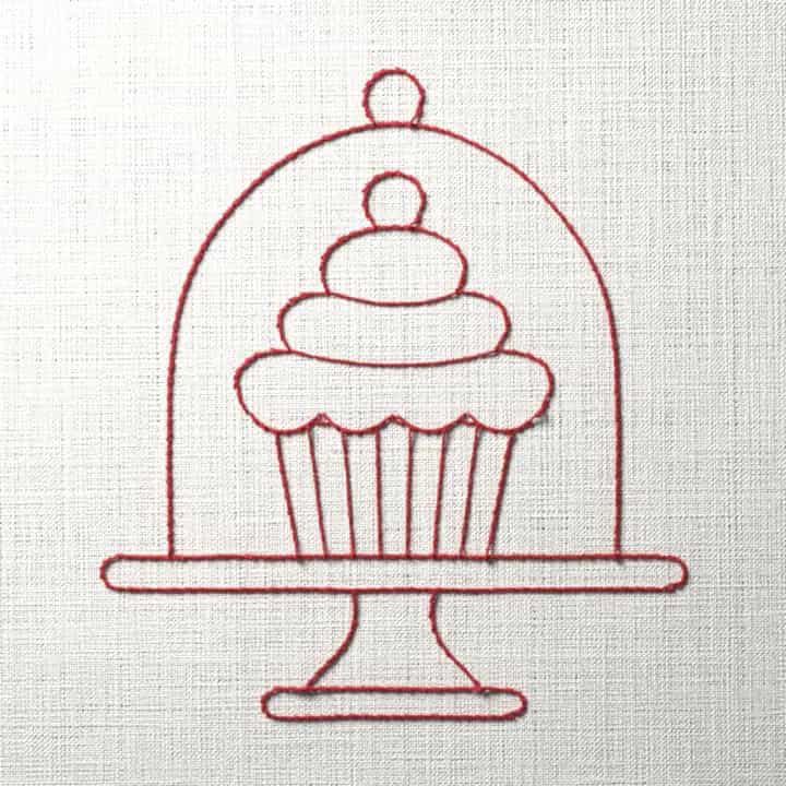 Redwork cupcake under a glass dome: preview of the stitched design