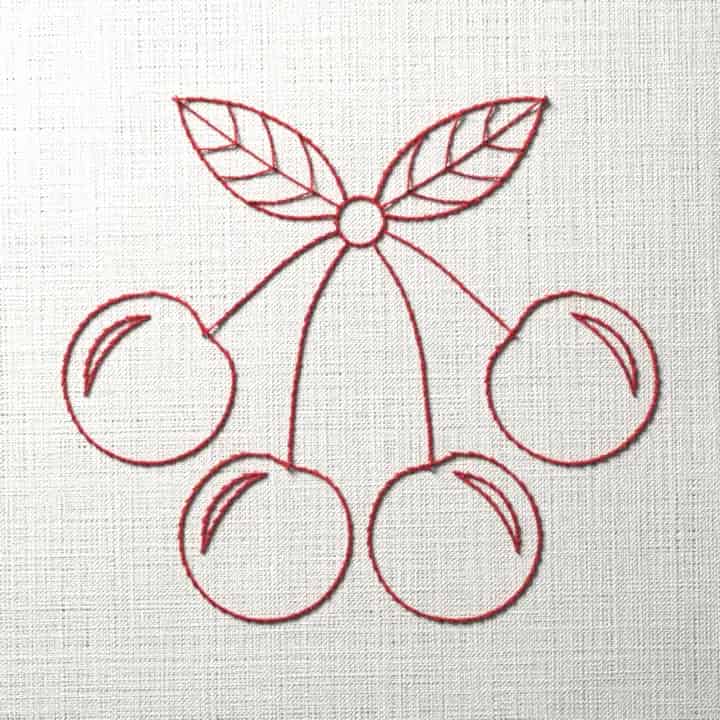 Redwork bunch of four cherries: preview of the stitched design