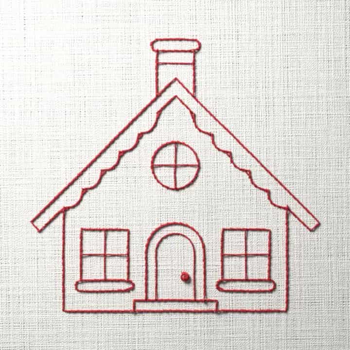 Redwork cottage with a scalloped roof: preview of the stitched design