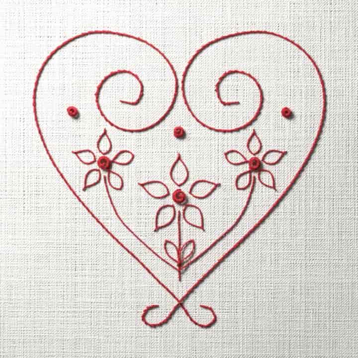 Scrolled heart: preview of the stitched design