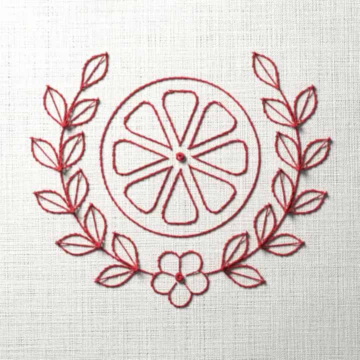 Redwork lemon slice and leaves: preview of the stitched design