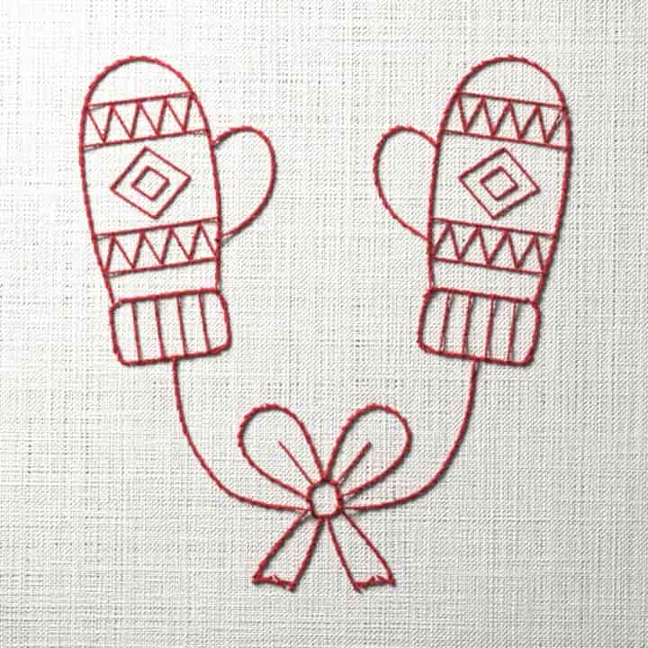 Redwork mittens on a cord: preview of the stitched design