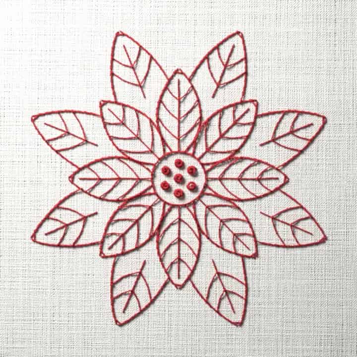 Redwork poinsettia seen face on: preview of the stitched design