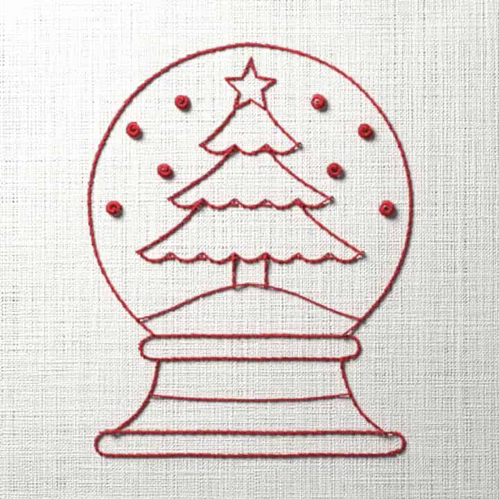 Redwork snow globe with a tree: preview of the stitched design
