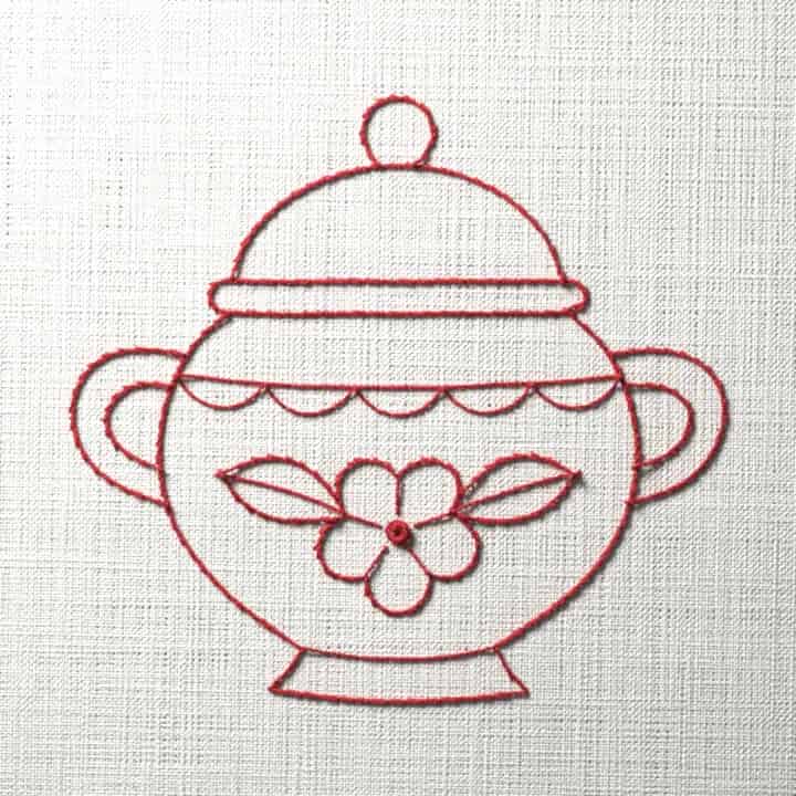 Redwork sugar bowl with a blossom: preview of the stitched design