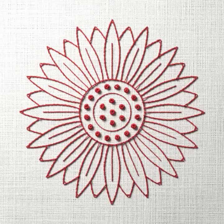 Redwork sunflower seen face on: preview of the stitched design