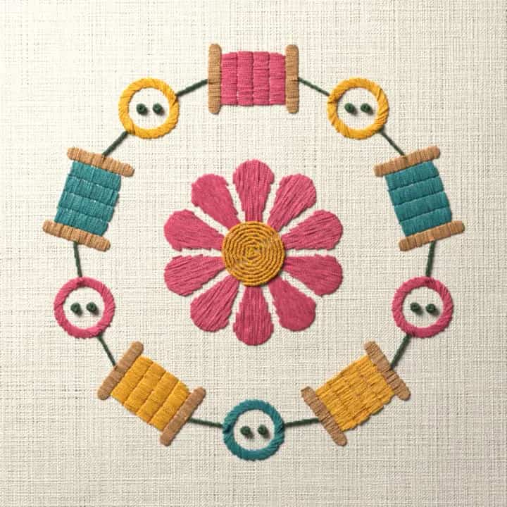 Ring of thread spools and buttons: preview of the stitched design