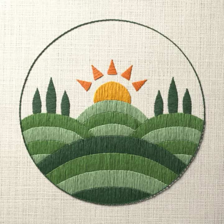 Rolling hills at sunrise: preview of the stitched design