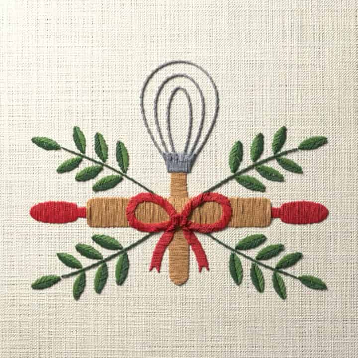 Rolling pin and whisk with herbs: preview of the stitched design