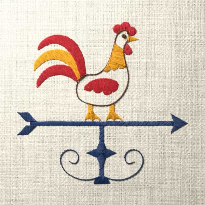 Rooster on a weathervane: preview of the stitched design