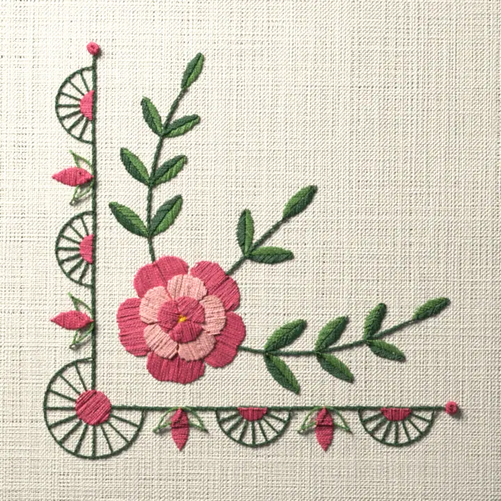 Rose handkerchief corner: preview of the stitched design