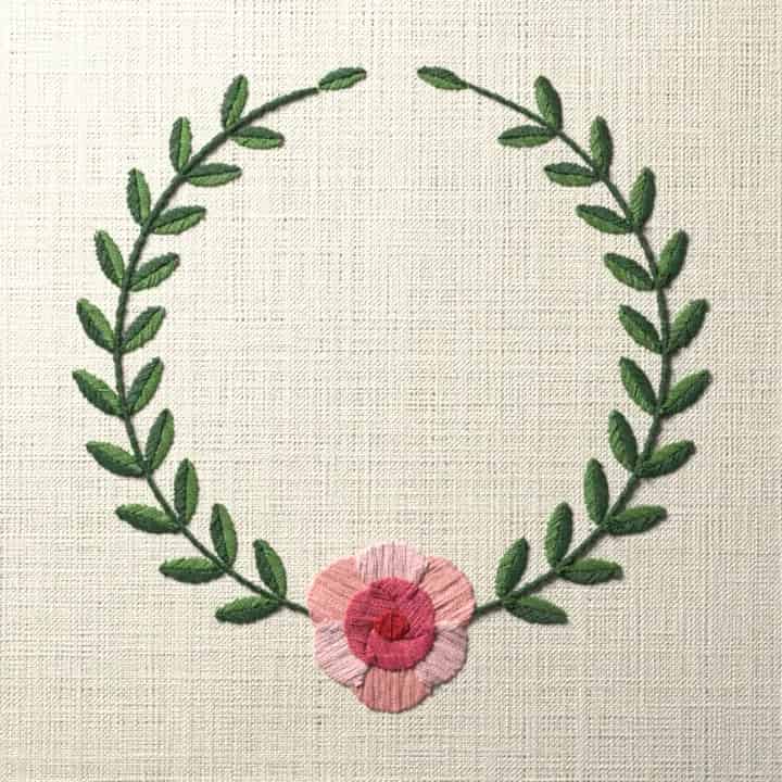 Rose laurel wreath: preview of the stitched design