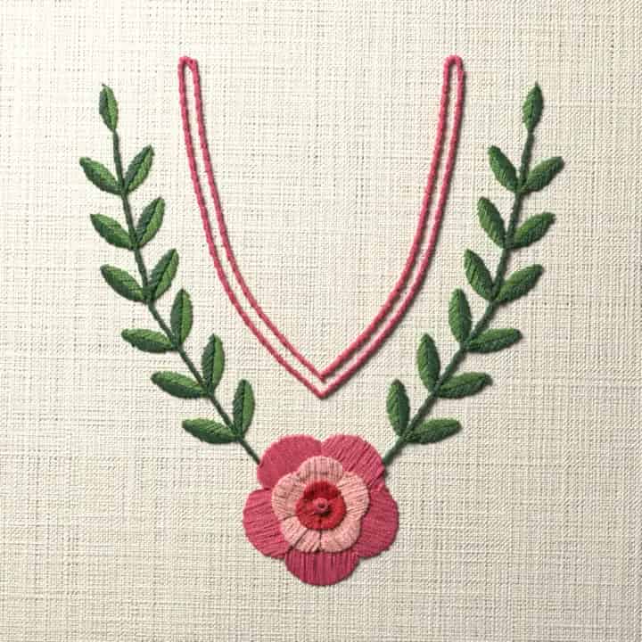V neckline with rose and leaves: preview of the stitched design