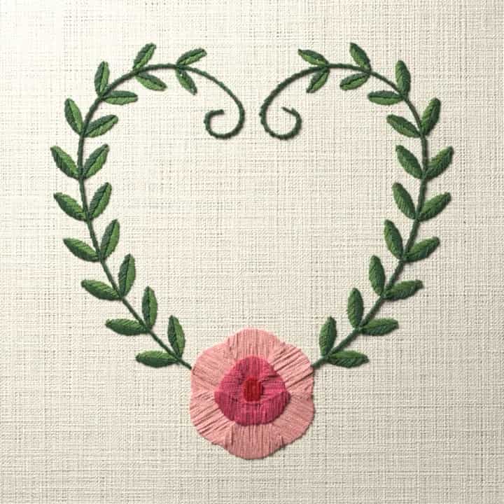 Rose vine heart: preview of the stitched design