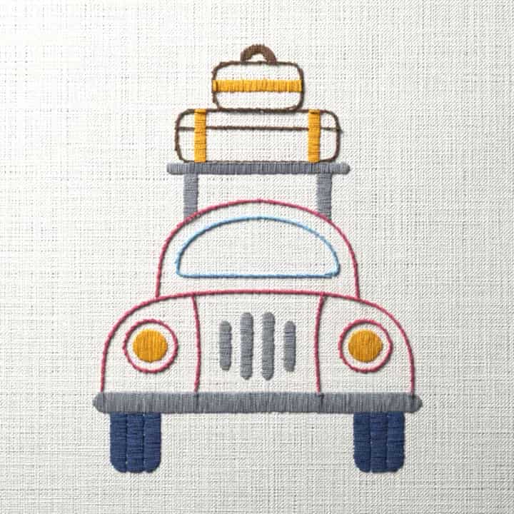 Little car with luggage on the roof: preview of the stitched design