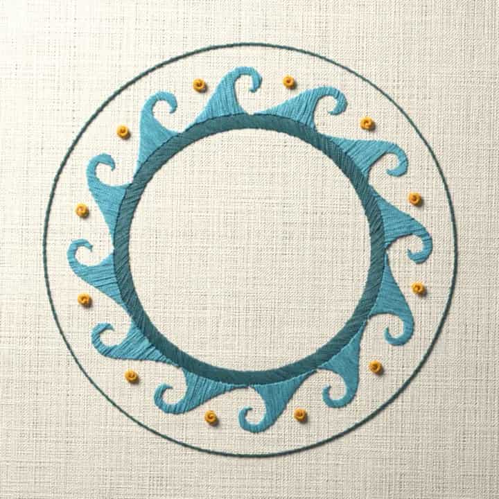Round wave scroll frame: preview of the stitched design