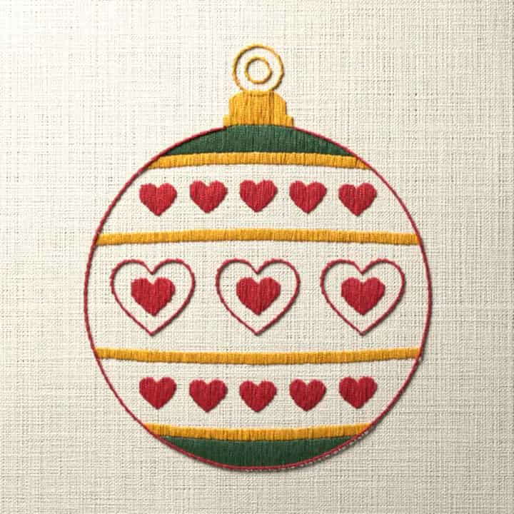 Christmas bauble with hearts: preview of the stitched design