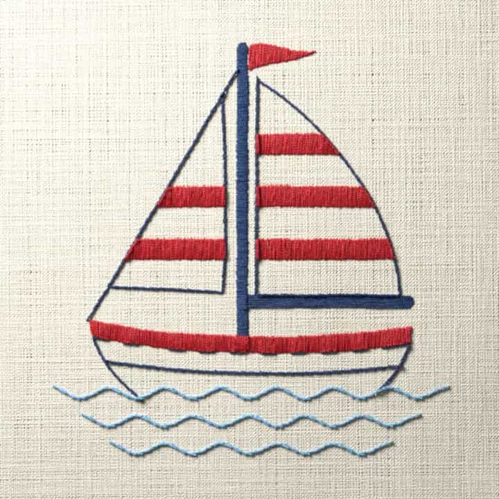 Striped sailboat on waves: preview of the stitched design