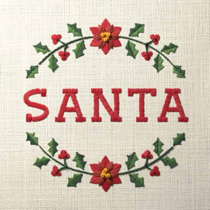 Santa in holly: preview of the stitched design