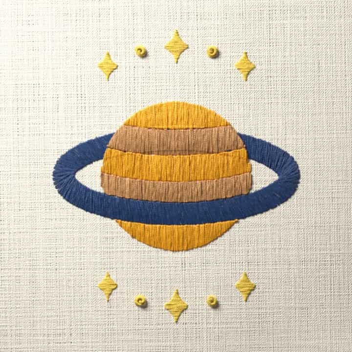 Saturn with its ring: preview of the stitched design