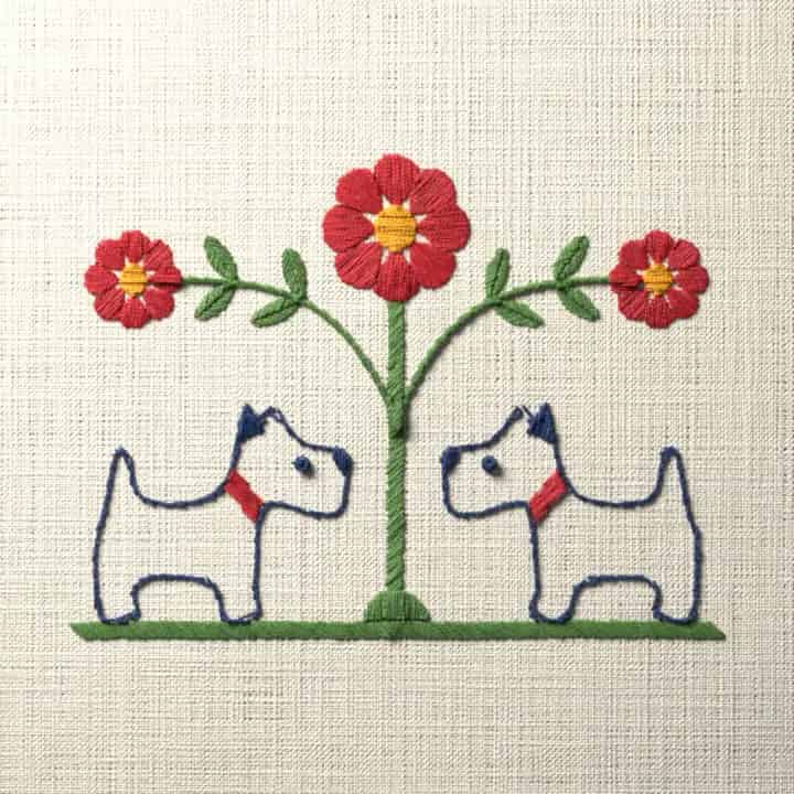 Scotties at a flowering tree: preview of the stitched design