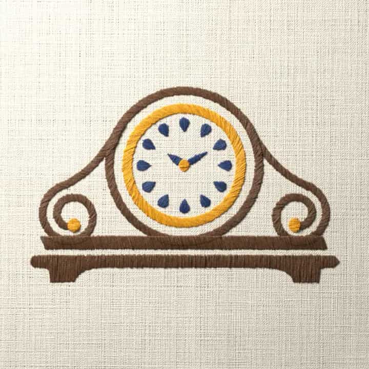 Mantel clock with scrolls: preview of the stitched design