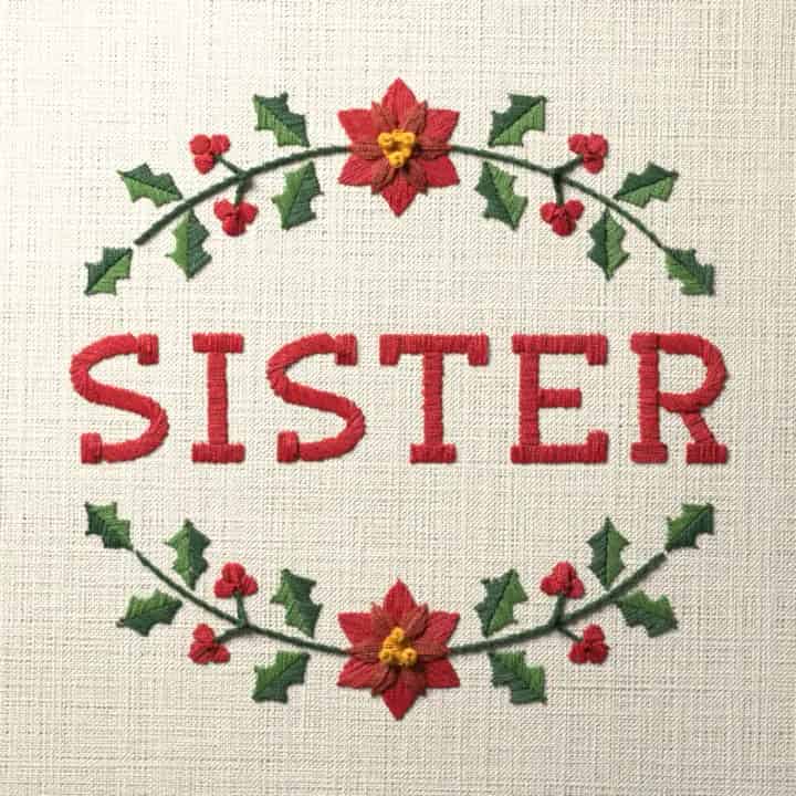 Sister in holly: preview of the stitched design