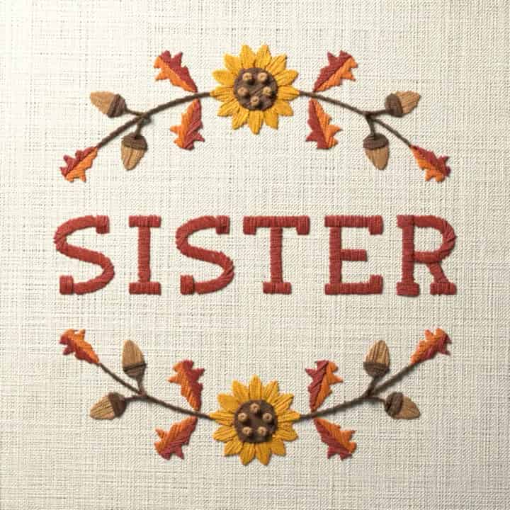Sister in oak leaves: preview of the stitched design