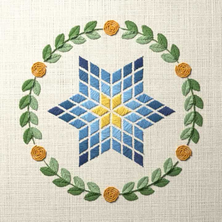 Six-pointed star quilt: preview of the stitched design