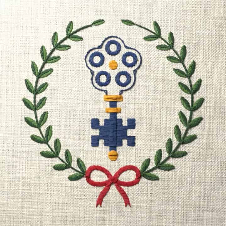 Skeleton key in laurel: preview of the stitched design