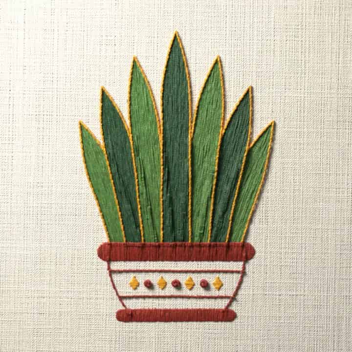 Snake plant in a patterned pot: preview of the stitched design