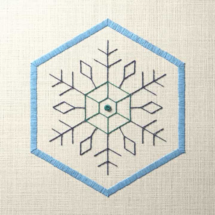 Snowflake in a hexagon frame: preview of the stitched design