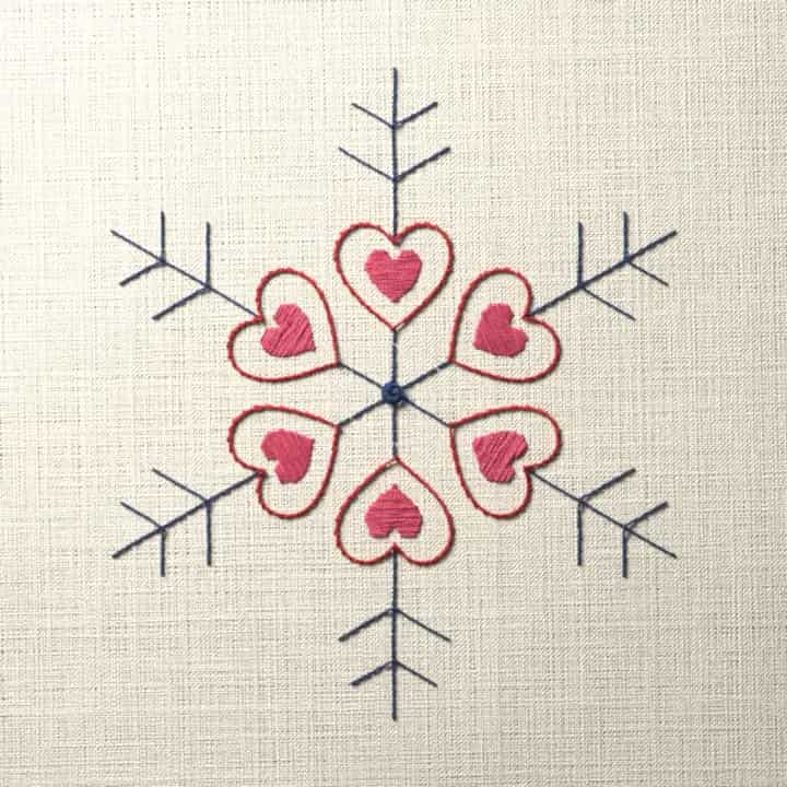 Six hearts snowflake: preview of the stitched design