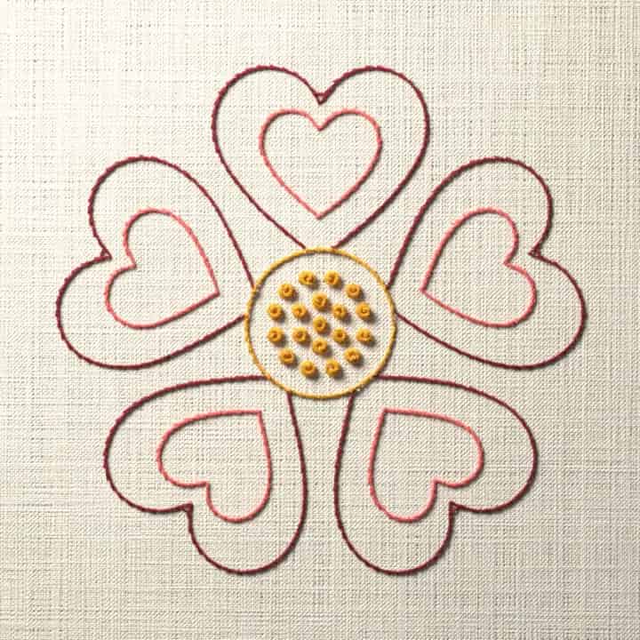 Split stitch heart rosette: preview of the stitched design