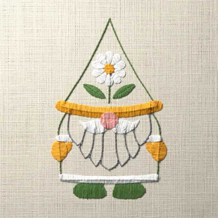 Spring gnome with daisy hat: preview of the stitched design