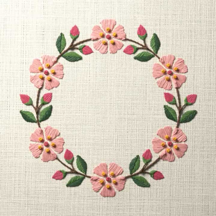 Spring wreath of blossom and rosebuds: preview of the stitched design