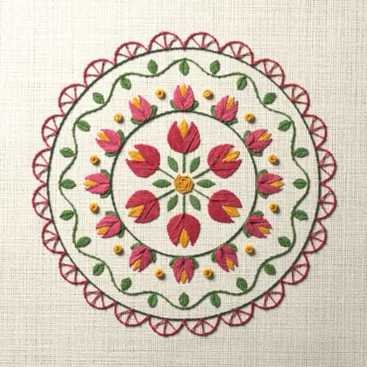 Round tulip sampler: preview of the stitched design